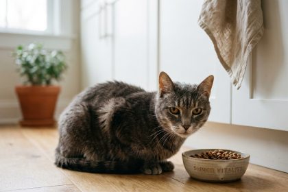 Chat senior à poil court mangeant une alimentation spéciale pour chats âgés dans une cuisine moderne