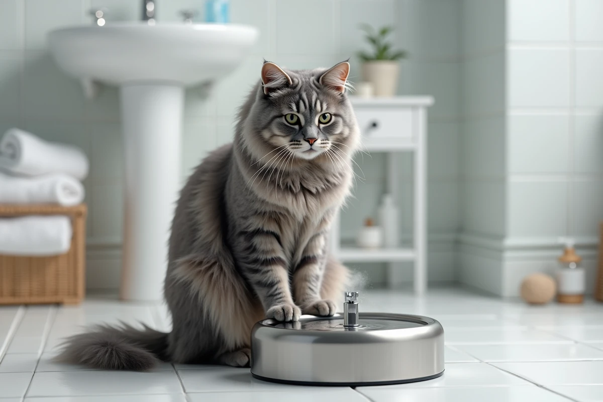 Chat gris stressé assis à côté d'une fontaine à eau en inox dans une salle de bain blanche, observant l'eau avec appréhension