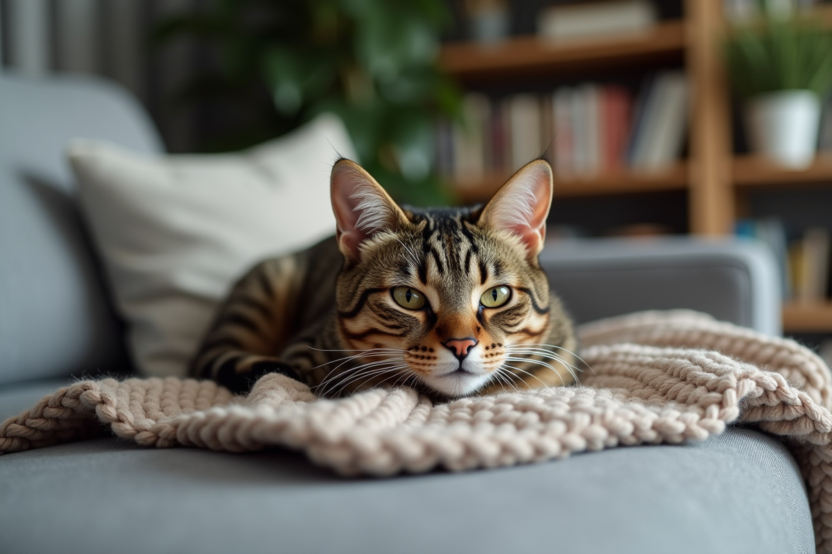Chat tabby fatigué sur un canapé moderne