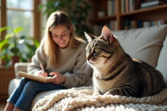 Chat tabby argenté sur une couverture en laine avec une femme