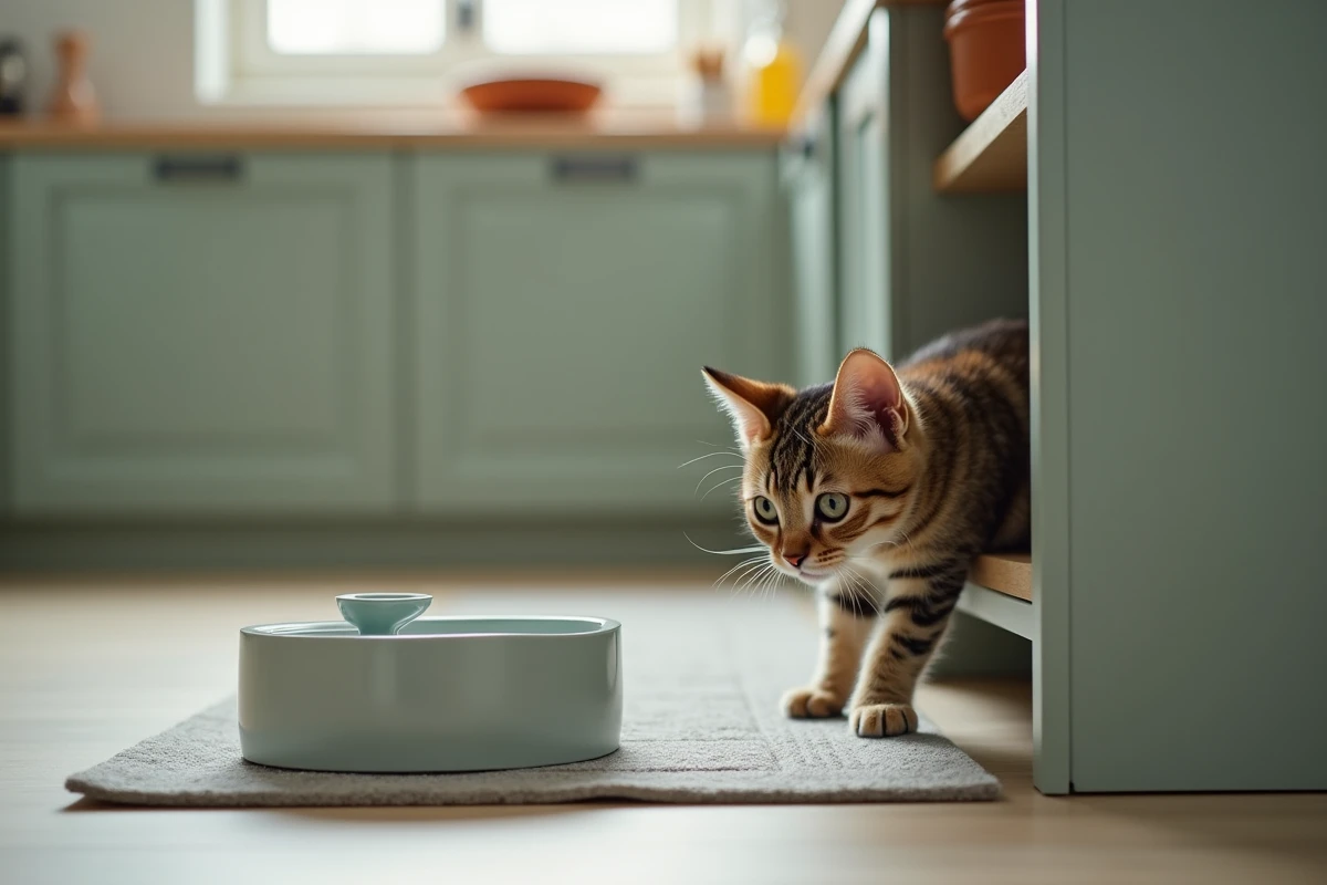 Chatte écaille de tortue timide qui épie une fontaine à eau compacte depuis le coin d'un meuble de cuisine moderne en vert sauge