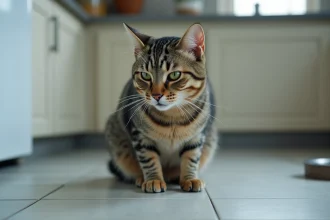 Chat tabby adulte assis sur un carrelage de cuisine avec une expression nauséeuse, dos légèrement voûté, illustrant les symptômes de vomissement chez le chat