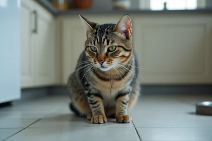 Chat tabby adulte assis sur un carrelage de cuisine avec une expression nauséeuse, dos légèrement voûté, illustrant les symptômes de vomissement chez le chat