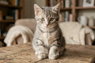 Chaton tigré de 3 mois aux yeux ambrés posé sur une table en bois dans un intérieur chaleureux, idéal pour une adoption responsable à Rennes