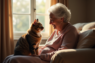 Chat fluffy sur la lap d'une grand-mère dans un salon chaleureux