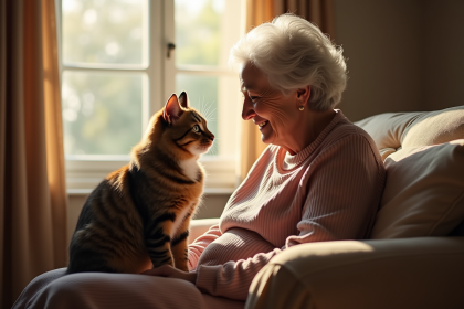 Chat fluffy sur la lap d'une grand-mère dans un salon chaleureux
