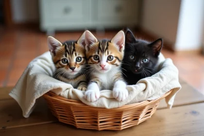Trois chatons bébé dans un panier en osier sur une table en bois, maison provençale à Toulon