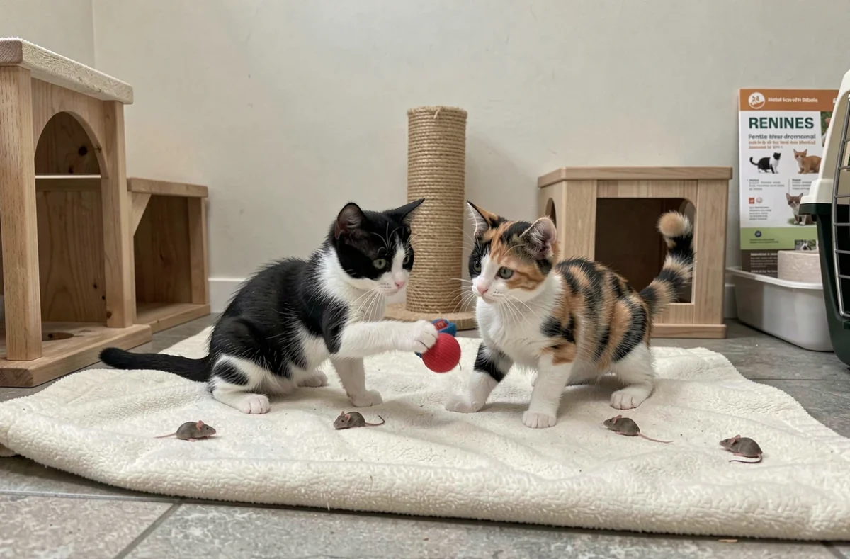 Deux chatons de 3 mois, l'un noir et blanc et l'autre calico, jouant ensemble dans un foyer d'accueil associatif à Rennes prêts pour l'adoption