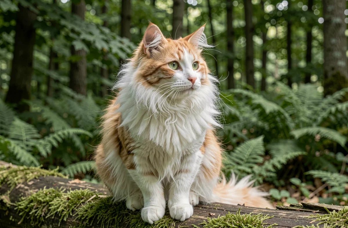 Chat des Forêts Norvégiennes blanc et doré perché sur une bûche mousseuse en forêt de Nouvelle-Aquitaine
