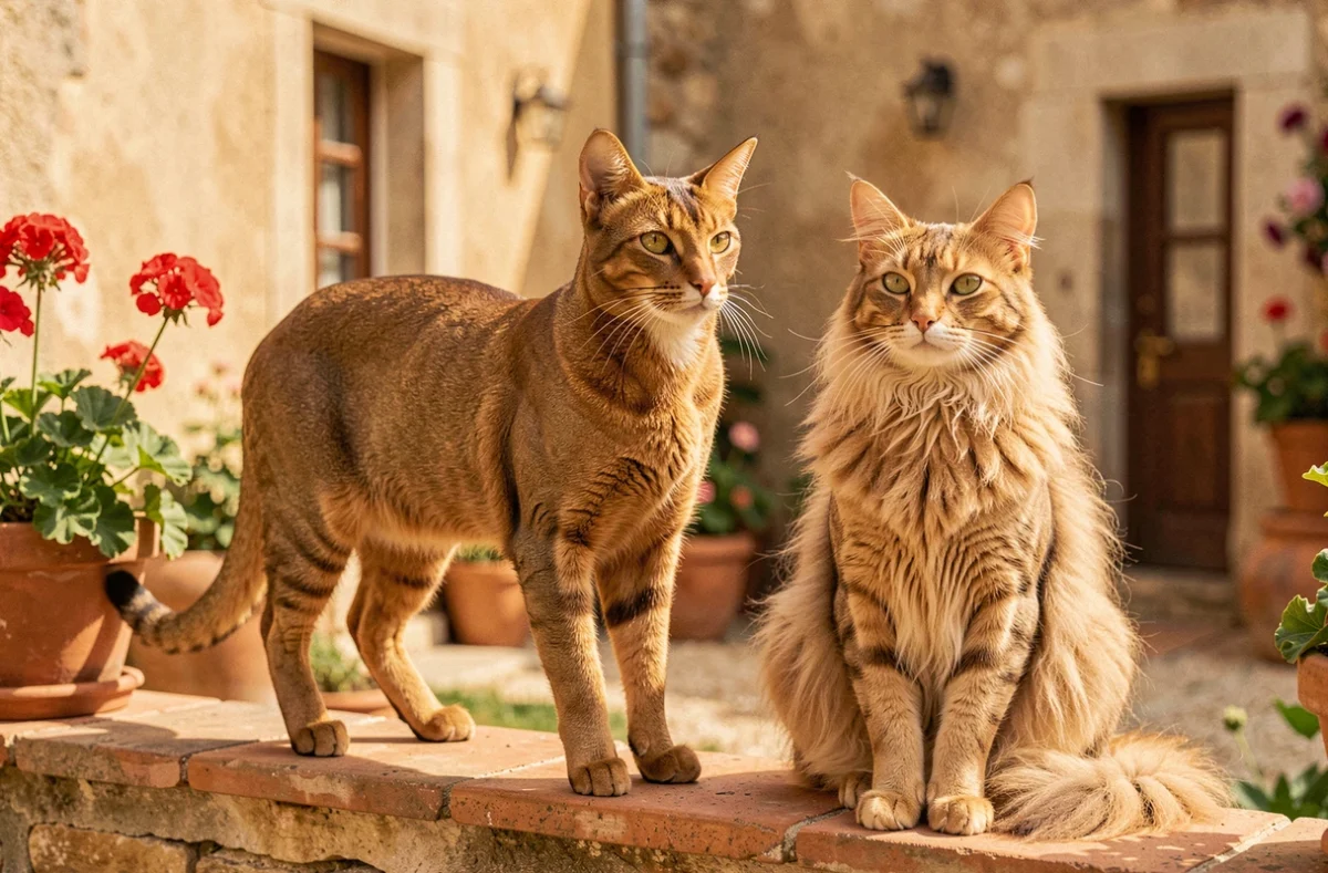 Chat Abyssin roux ticked et chat Somali fauve assis sur un muret en terre cuite dans une cour ensoleillée du Sud-Ouest