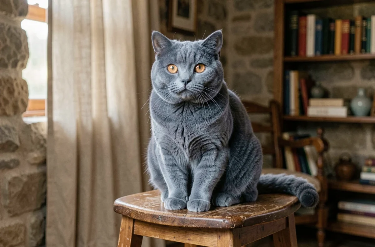 British Shorthair bleu au pelage dense et velouté posé sur un tabouret en bois dans un intérieur rustique français