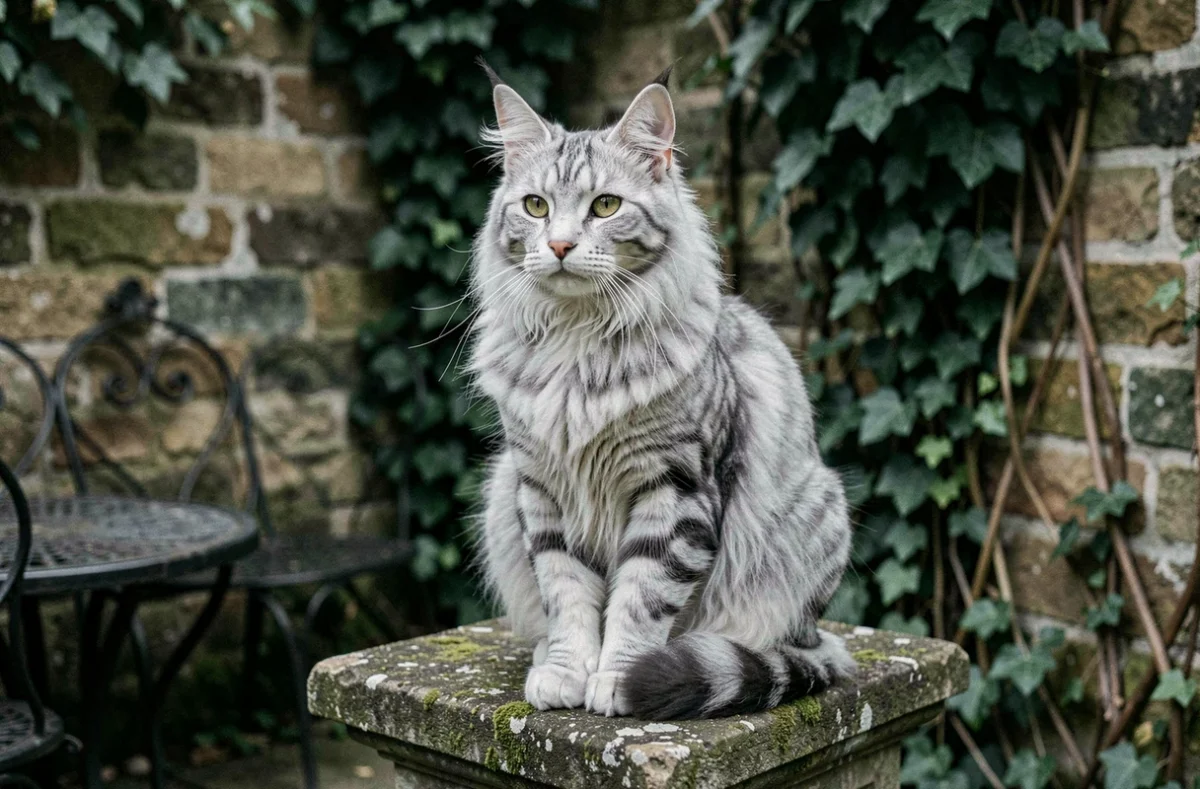 Maine Coon argenté tabby assis sur un piédestal en pierre dans un jardin français atmosphérique