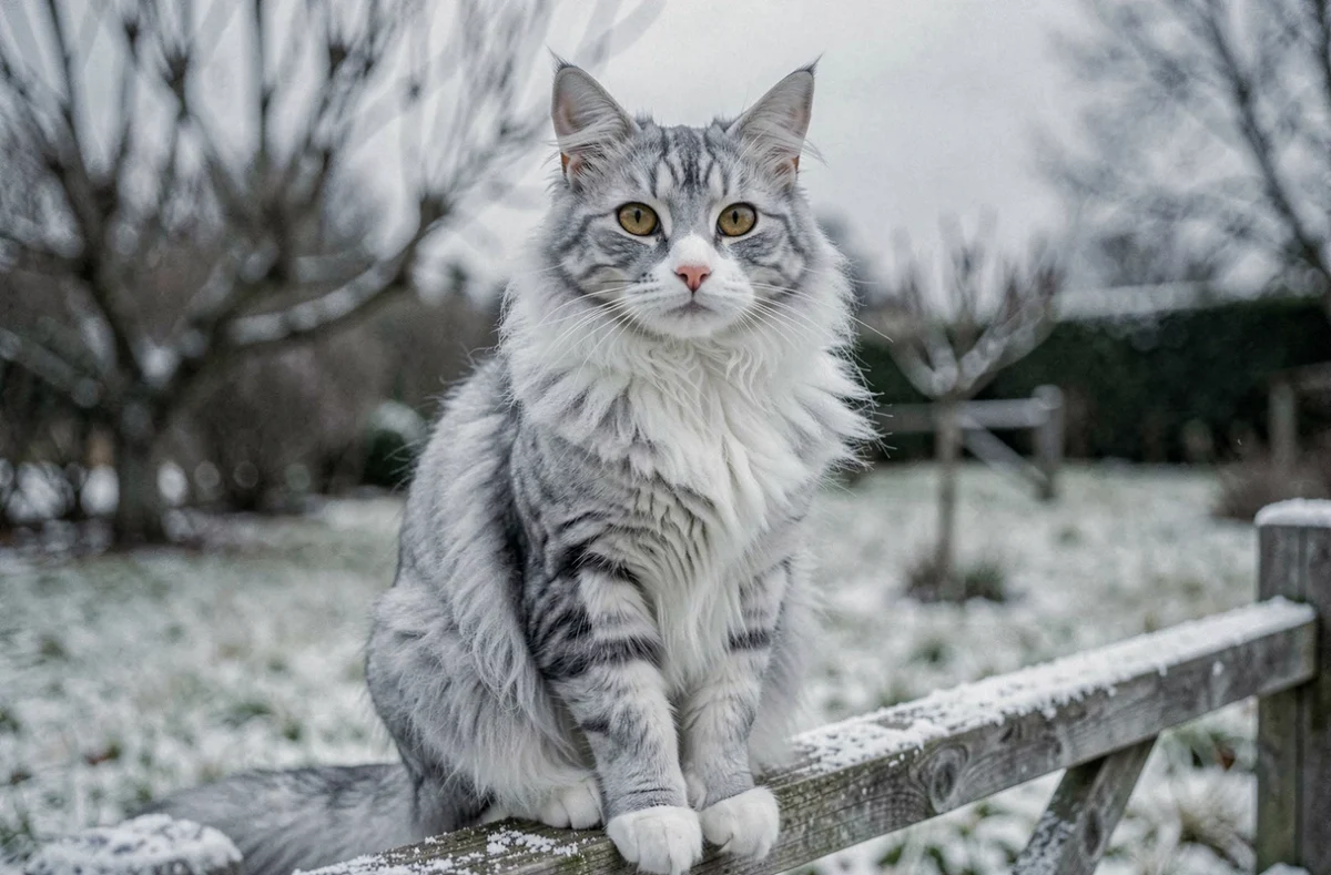 Chat Sibérien au pelage argenté et blanc dense assis sur une clôture en bois dans un jardin givré