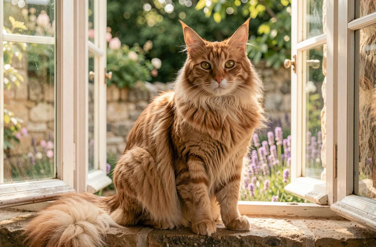 Maine Coon adulte au pelage épais roux et crème posé sur un rebord de fenêtre en pierre dans le Charente