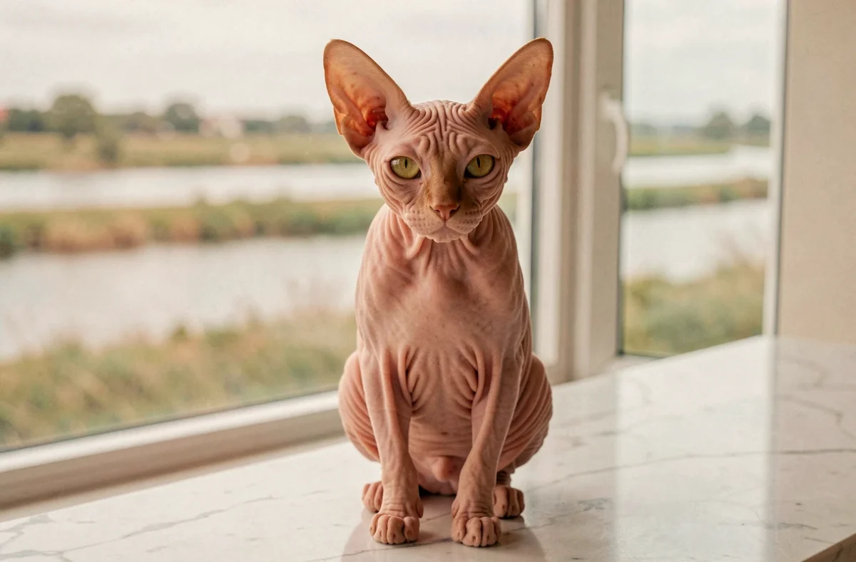 Chat Sphynx sans poils à la peau pêche ridée assis sur un marbre avec vue sur l'estuaire de la Gironde