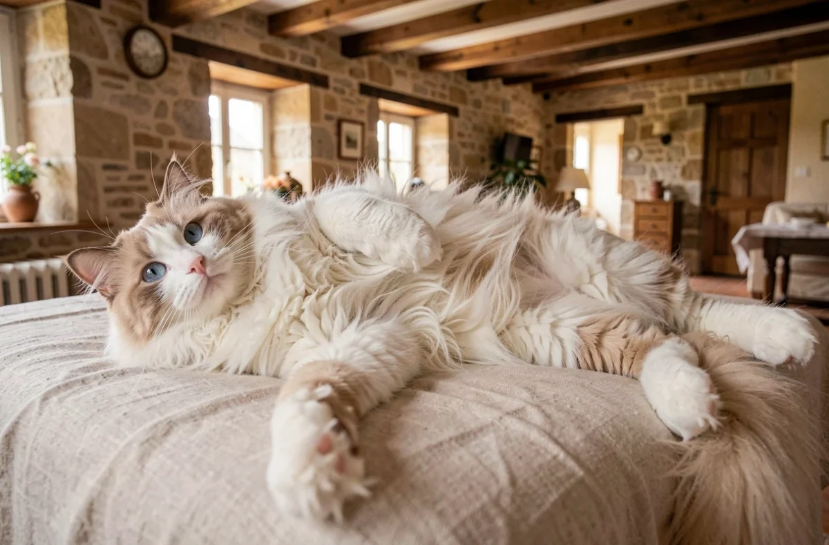 Ragdoll crème colorpoint aux yeux bleus allongé en position détendue sur un linge de maison dans un intérieur périgourdin