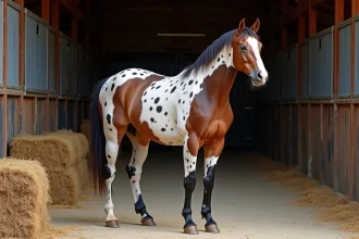 Cheval appaloosa aux robes tachetées dans un box en bois, illustrant les coûts d'hébergement et de pension équestre