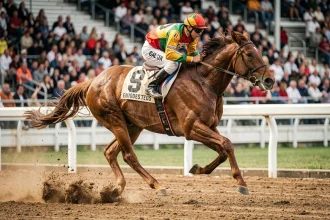 Cheval de course pur-sang au galop sur un hippodrome professionnel, jockey en selle, poussière soulevée par les sabots