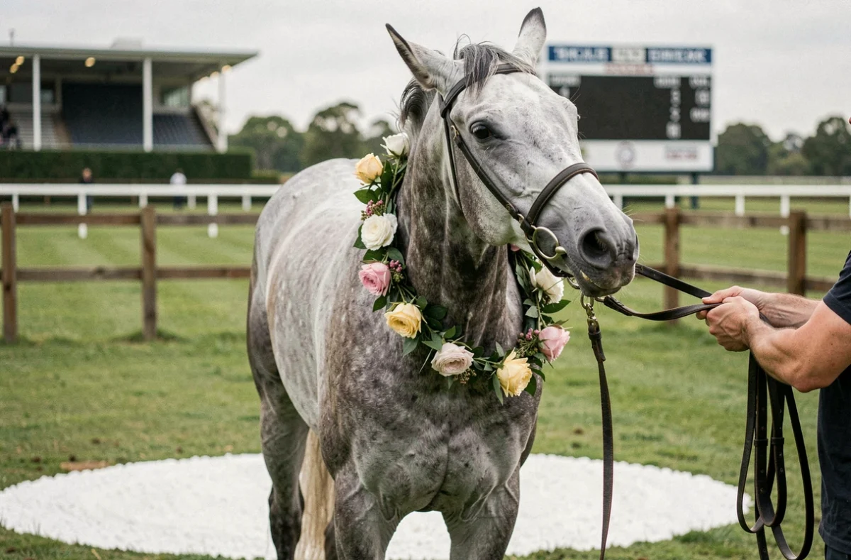 Cheval gris pur-sang dans le cercle du vainqueur après une course, guirlande florale sur l'encolure, palefrenier tenant la bride