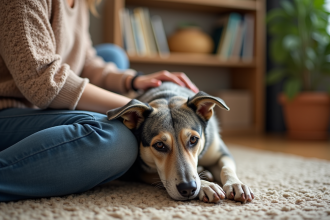 Chien âgé en train de se reposer sur un tapis avec une femme