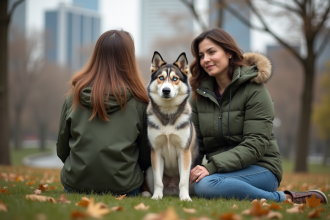 Jeune chien mix Australian Shepherd Husky aux yeux bleus et marron