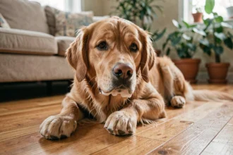 Chien golden retriever couché sur le sol avec de la mousse blanche autour de la gueule et une posture tremblante, signaux d'alerte vétérinaire