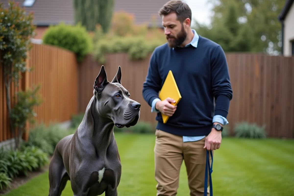 Cane Corso bleu gris en extérieur avec son propriétaire dans le jardin