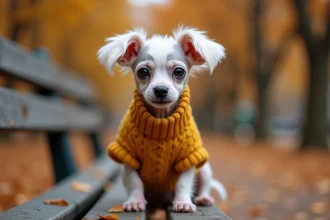 Chien Chinese Crested sans poils avec une expression attendrissante assis sur un banc de parc en automne, portant un petit pull jaune moutarde