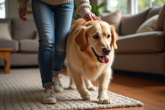 Chien doré retraité avec une femme dans un salon chaleureux
