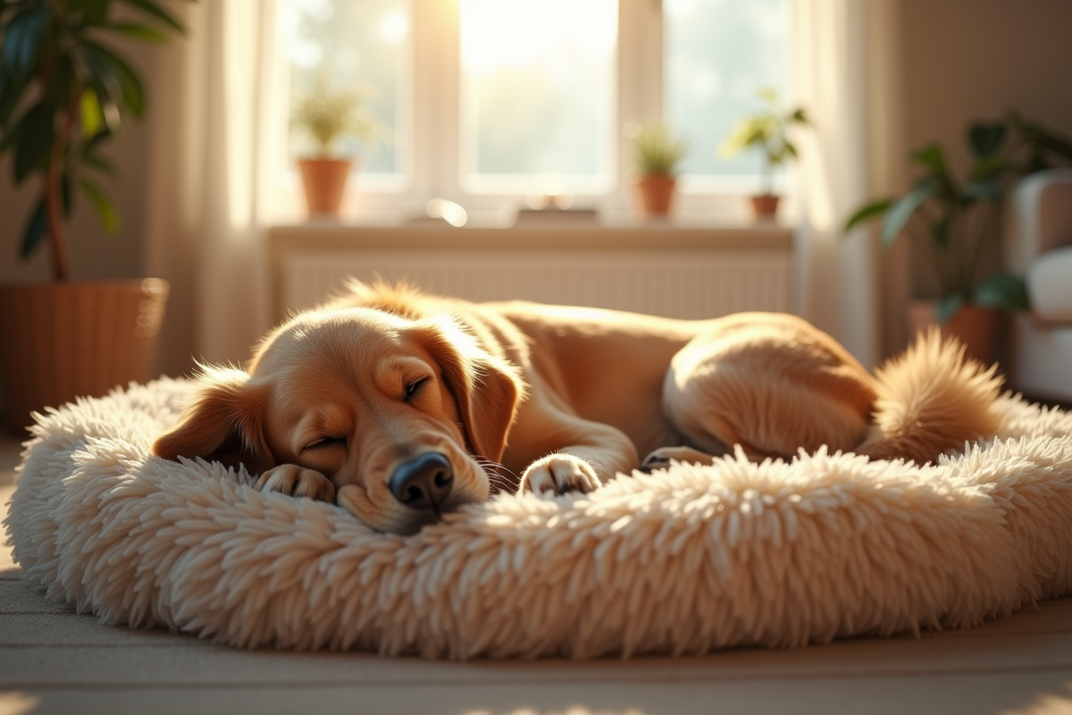 Golden retriever dormant dans un salon lumineux