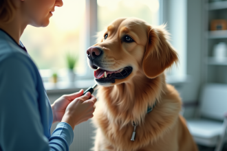 Golden retriever calme chez le vétérinaire lors d'un examen