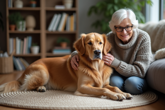 Chien retriever doré âgé avec une femme âgée dans un salon chaleureux
