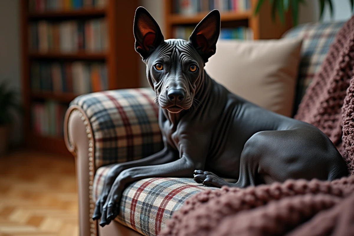 Chien Xoloitzcuintli sans poils avec une expression comique et touchante allongé sur un canapé à carreaux dans un salon chaleureux