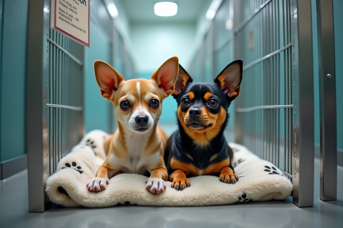 Deux petits chiens Chihuahua et Pinscher nain dans un chenil de refuge animalier en attente d'adoption gratuite près de Langon