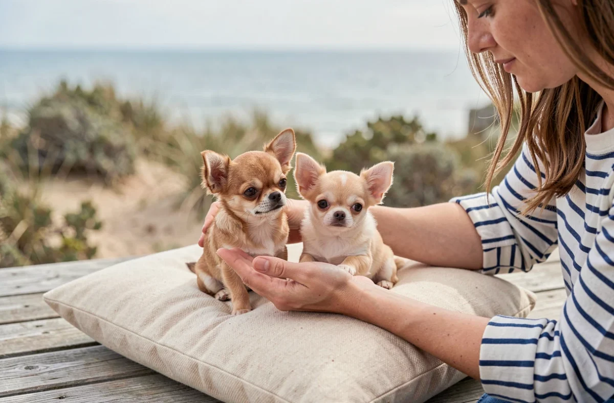 Deux chihuahuas sur un coussin en bois près des dunes de Pyla, élevage Chihuahua Star Pyla en Gironde