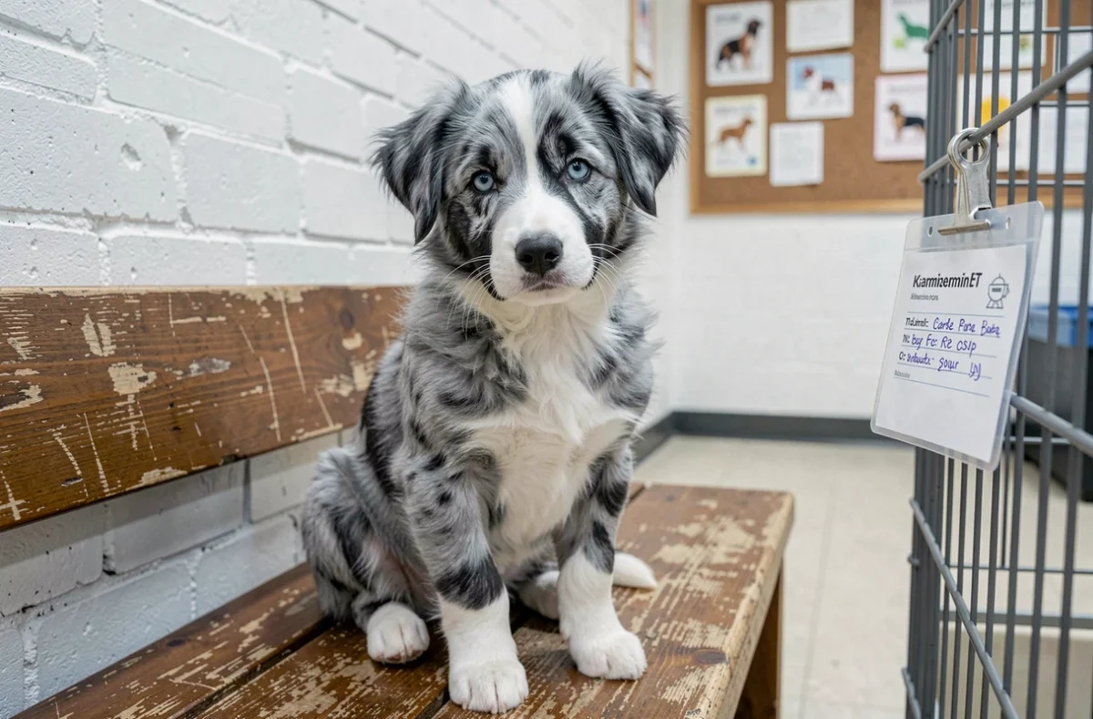 Chiot Border Collie Bleu Merle assis seul sur un banc dans une salle d'adoption de refuge, fiche d'identification visible en arrière-plan