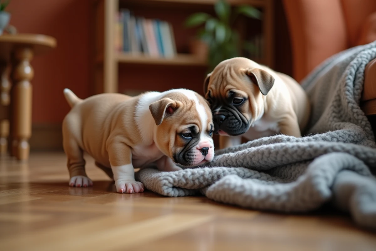 Deux chiots American Bully Pocket jouant dans un salon chaleureux et familial