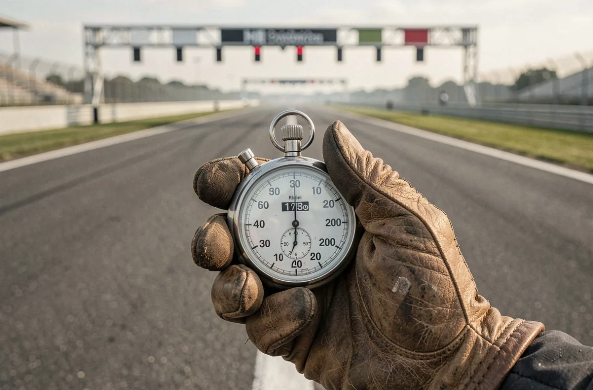 Chronomètre tenu par un entraîneur hipique près d'une piste de course, tableau d'affichage officiel des temps en arrière-plan