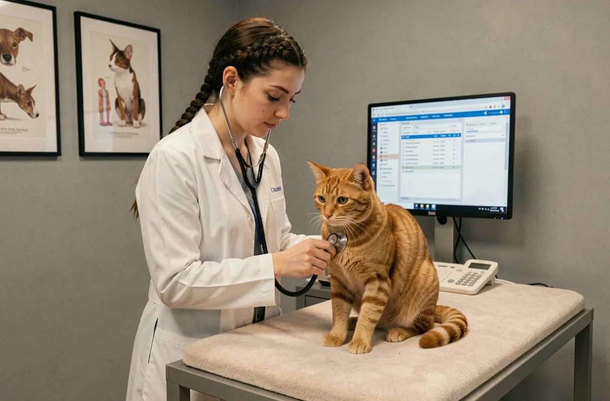 Vétérinaire de la Clinique Anima à Dinan auscultant un chat roux avec un stéthoscope lors d'une consultation