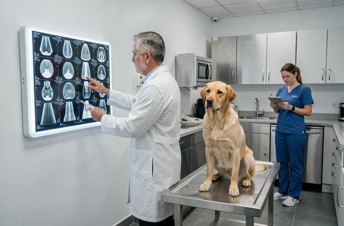 Vétérinaire de la Clinique de l'Aublette à Quévert analysant des radiographies avec un labrador sur la table d'examen