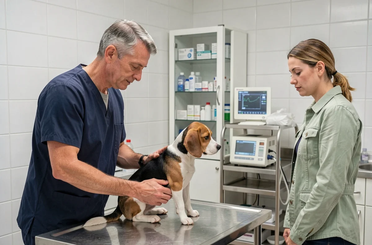 Vétérinaire examinant un beagle à la Clinique Vétérinaire de Douvenant à Langueux avec la propriétaire présente