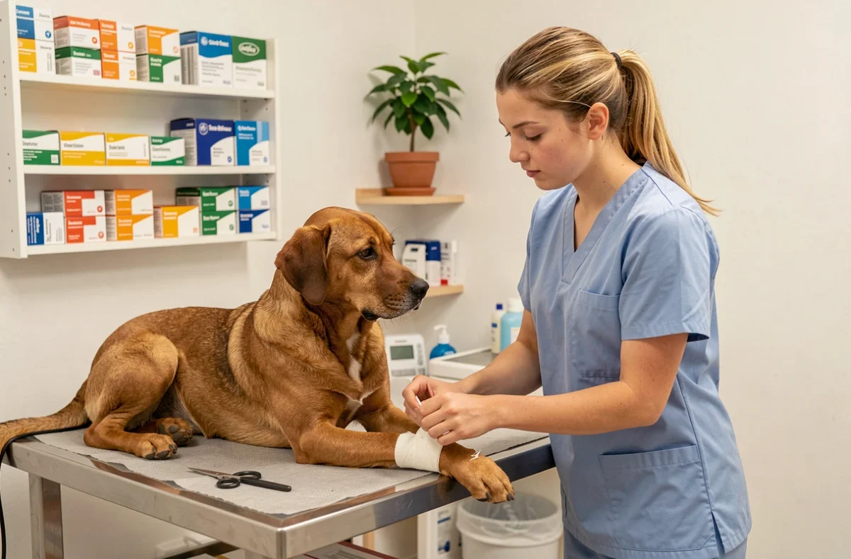 Vétérinaire de la Clinique l'Escale à Plérin soignant la patte bandagée d'un chien brun lors d'une consultation