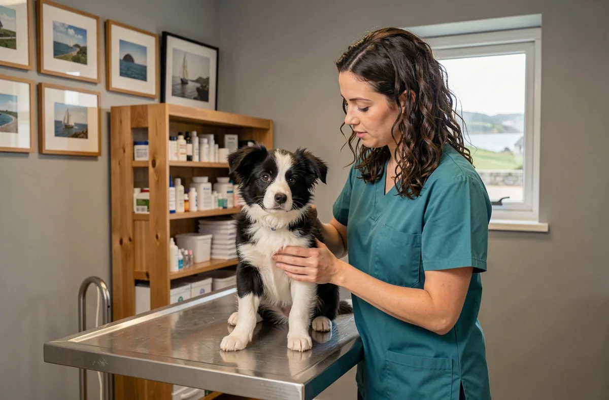 Vétérinaire de la Clinique de Kerd'hervé à Paimpol examinant un chiot Border Collie dans un cabinet à l'atmosphère bretonne