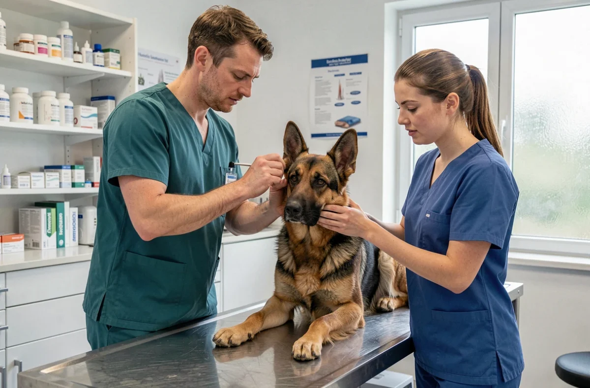 Examen vétérinaire d'un berger allemand à la Clinique Saint Marc à Lannion avec deux professionnels de santé animale