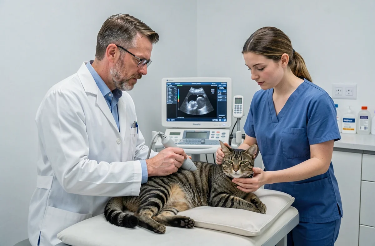 Vétérinaire de la Clinique Le Triskell à Pordic réalisant une échographie sur un chat lors d'un examen spécialisé