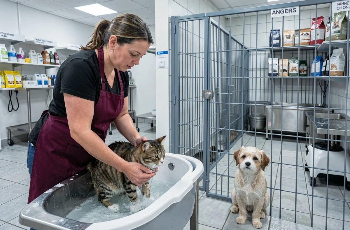Com' Chiens et Chats à Angers, une toiletteuse baignant un chat dans un salon spécialisé pour chiens et chats