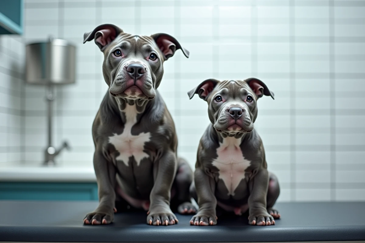 Comparaison entre un American Bully Pocket adulte et un chiot de la même race sur une table de toilettage