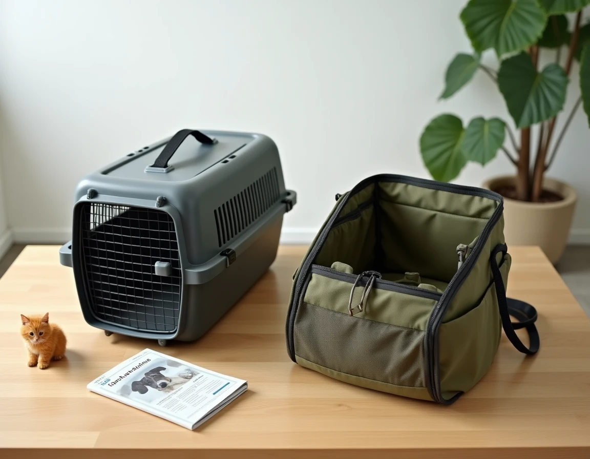 Comparaison à plat d'une caisse de transport rigide grise et d'un sac souple vert olive pour chat sur une table en chêne
