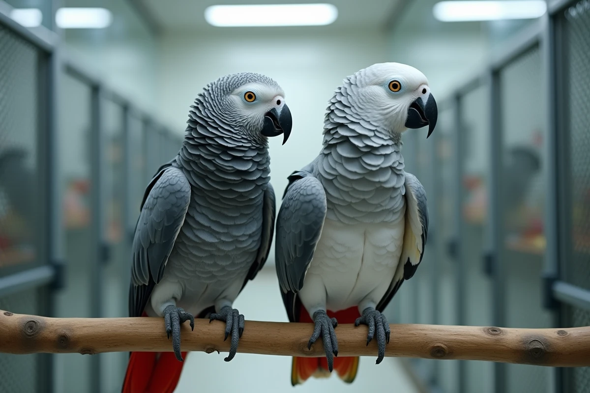 Comparaison de deux perroquets gris du Gabon côte à côte, l'un au plumage normal et l'autre à coloration leucistique rare, en volière professionnelle