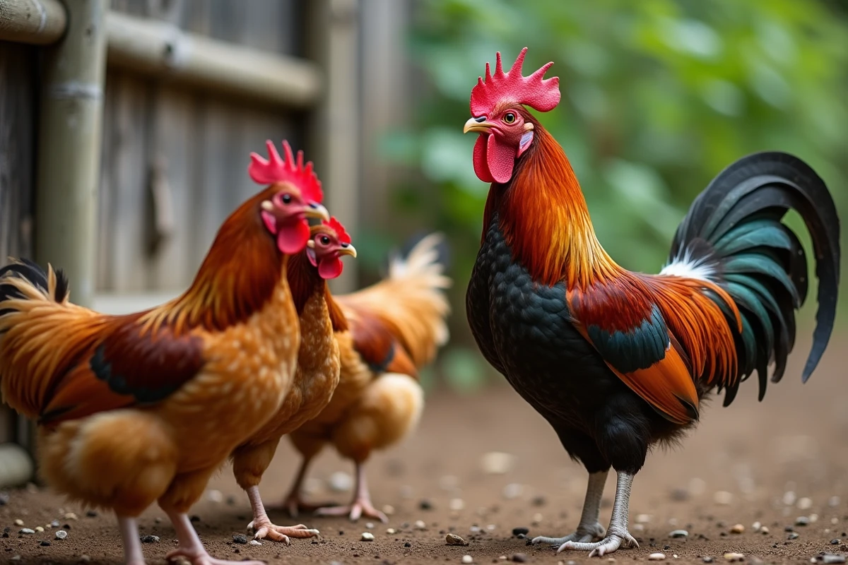 Coq et deux hens dans une ferme rustique en extérieur